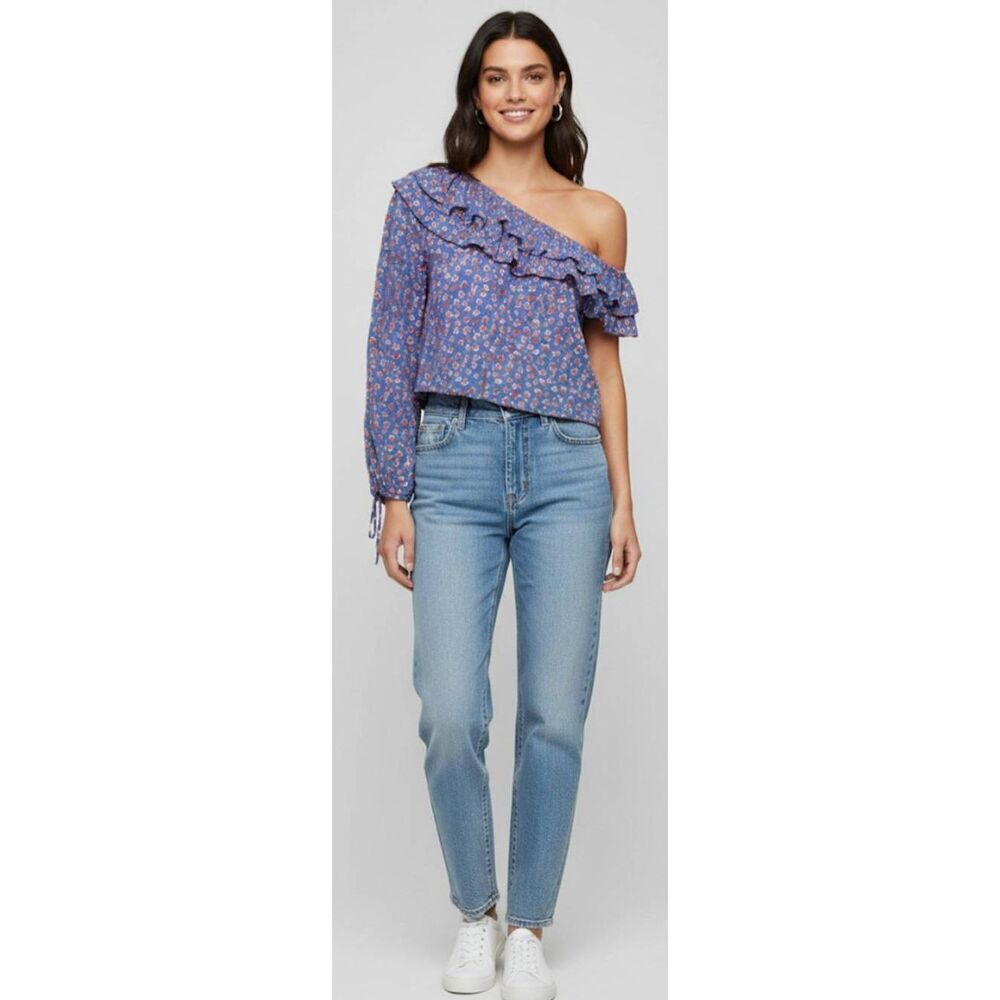Rue stiic womens large red purple blouse ruffle boxy cropped shirt top anthro